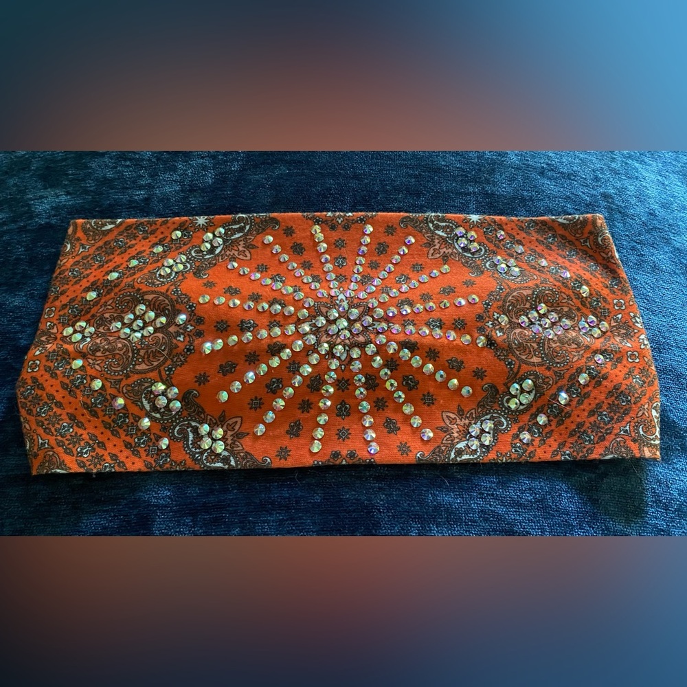 Orange Paisley Stretchy Headband with Rhinestones